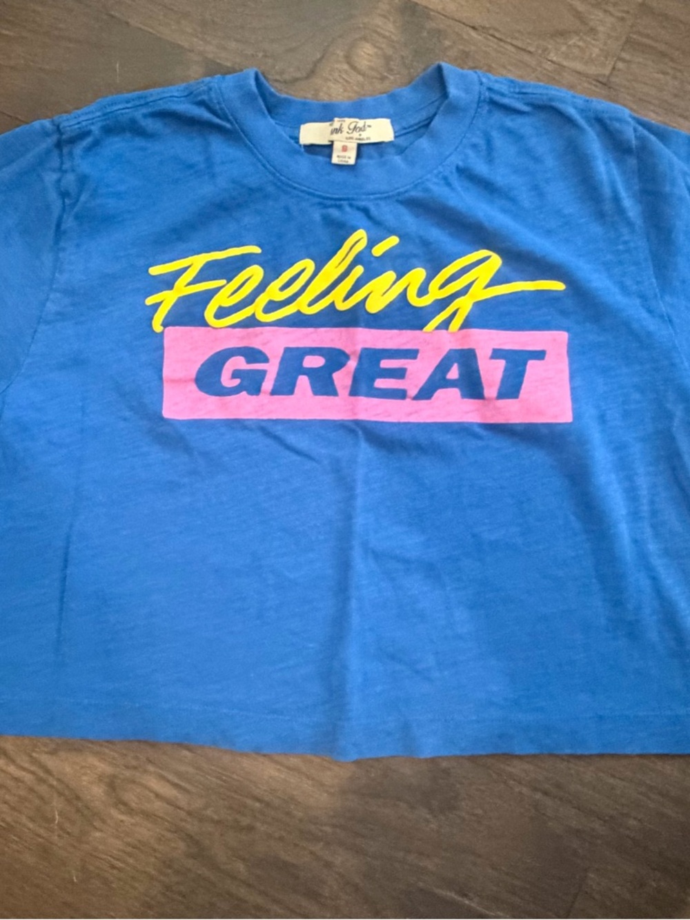 Junk Food Clothing Blue Crop Top with Yellow & Pink Graphic